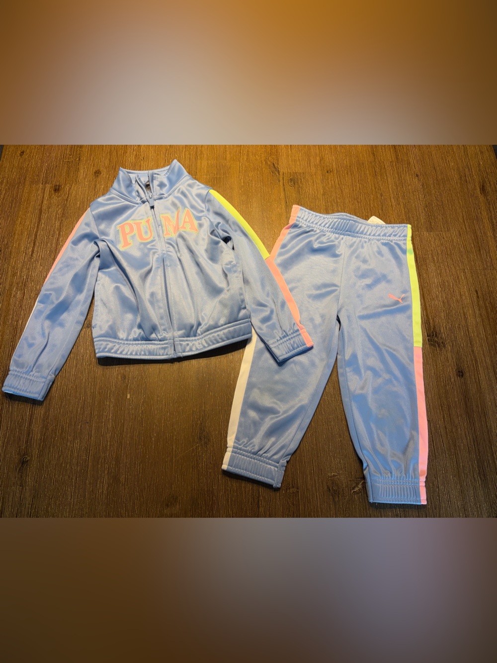 Puma Light Blue Kids Track Pants with Pink & Neon Accents